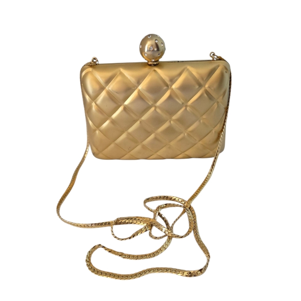 Elan Hard Shell Gold Quilted Crossbody Bag Mini Vintage - Picture 1 of 10